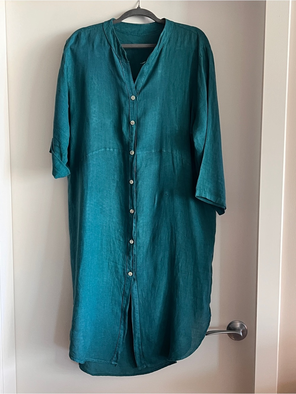 Teal Linen Button-Up Tunic Dress